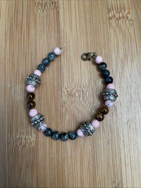 Pink Turquoise, larvikite black Labradorite, and brown gemstone bracelet